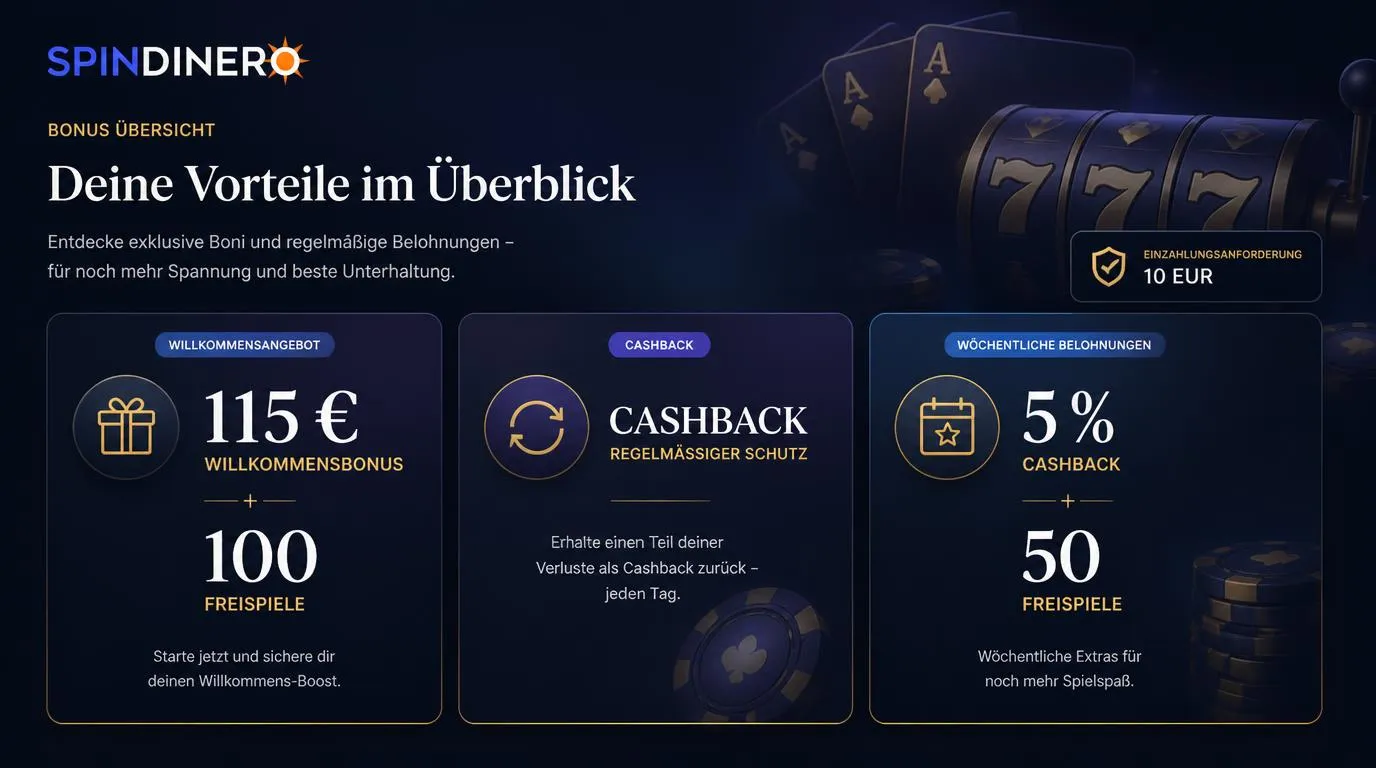 Bonusübersicht mit Willkommensangebot, Cashback und wöchentlichen Freispielen für deutsche Casinospieler