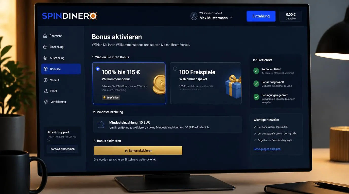 Casino-Konto mit Bonusauswahl, Mindesteinzahlung und Freispielen im übersichtlichen Kassenbereich