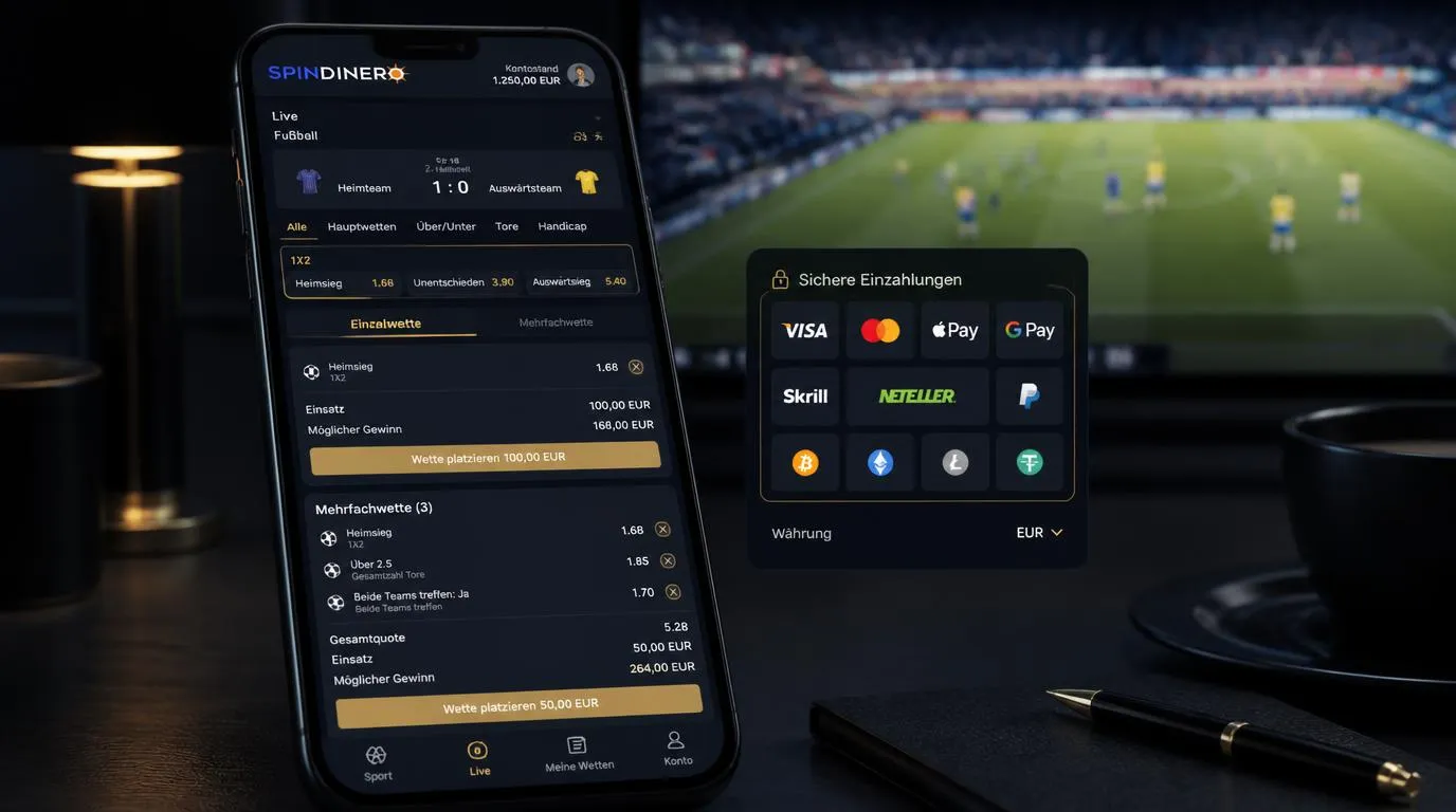 Live-Wettschein mit Fußballquoten, Kombiwette und Zahlungsoptionen auf einem mobilen Bildschirm
