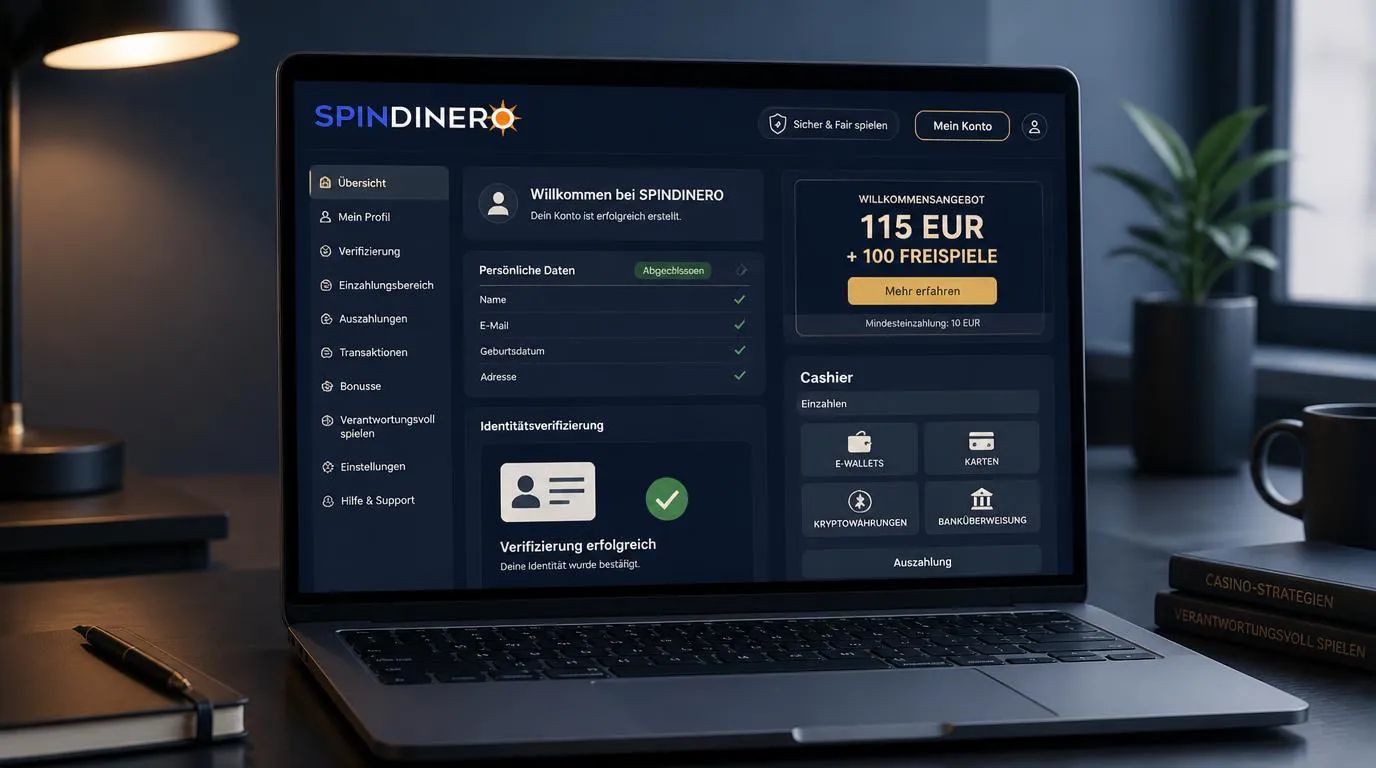 Casino-Konto mit KYC-Prüfung, Zahlungsoptionen und Einzahlungsbereich auf einem Laptop