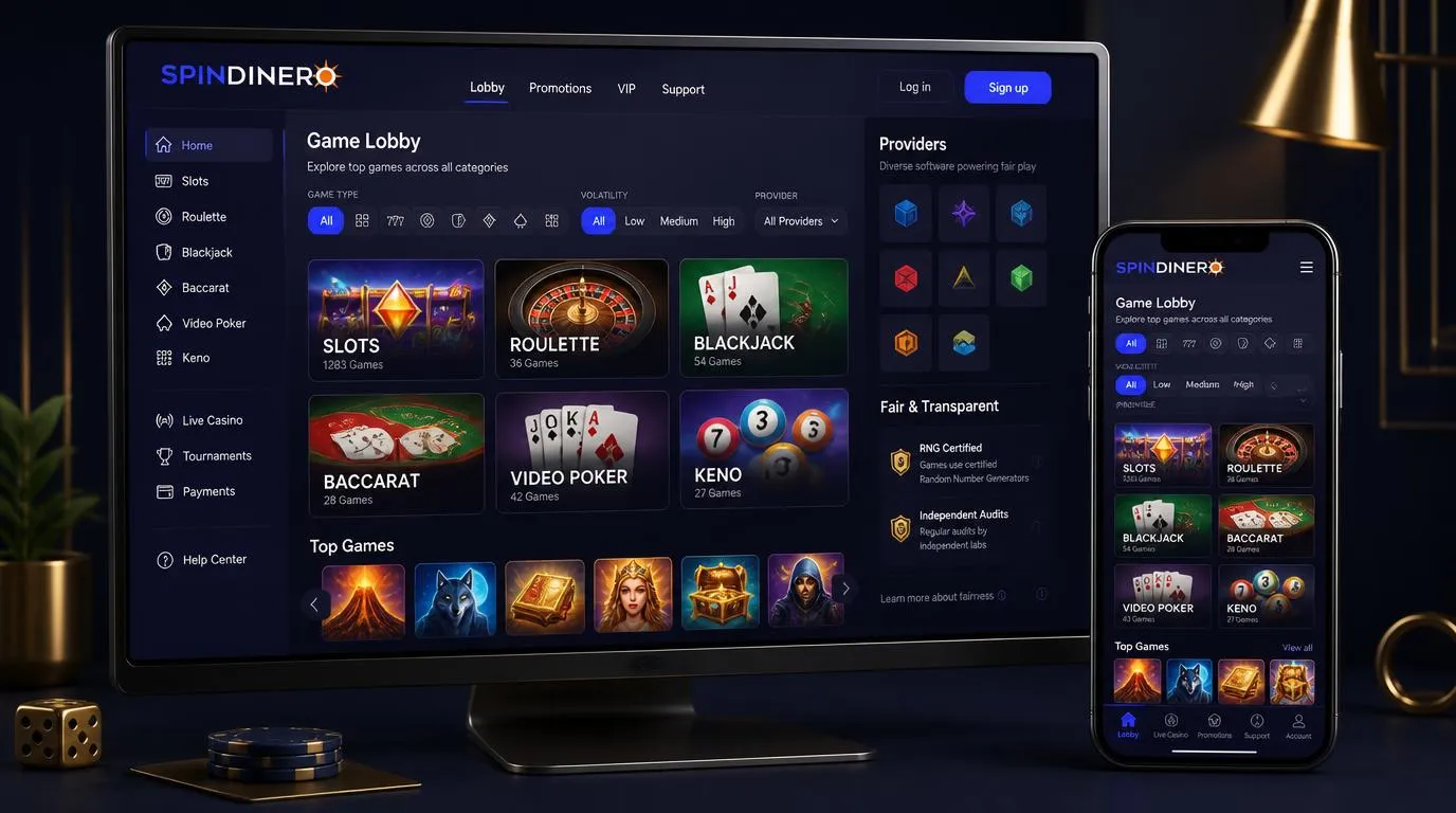 Online-Casino-Lobby mit Slots, Roulette, Blackjack und Filtern für verschiedene Spielkategorien