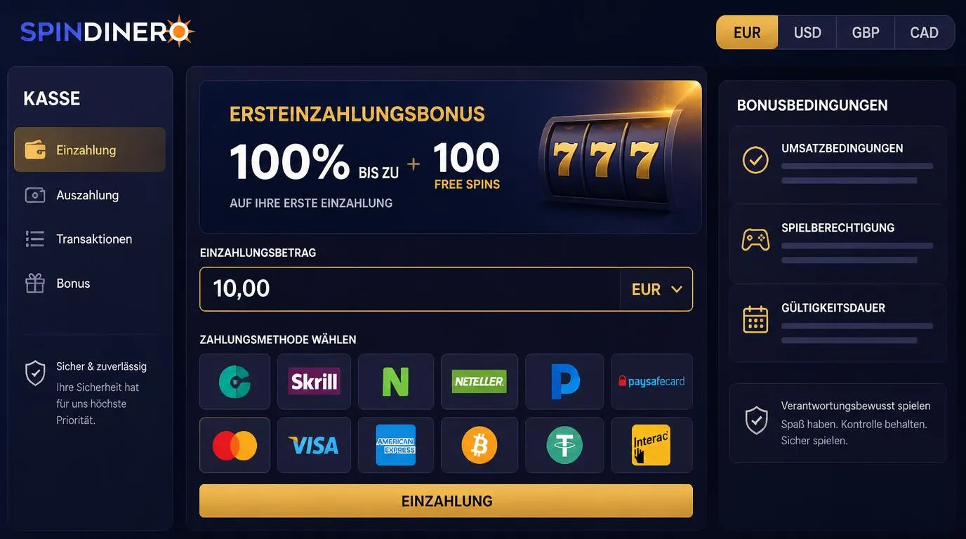 Bonusübersicht mit erster Einzahlung, Freispiele und Auswahl von Zahlungsmethoden in Euro