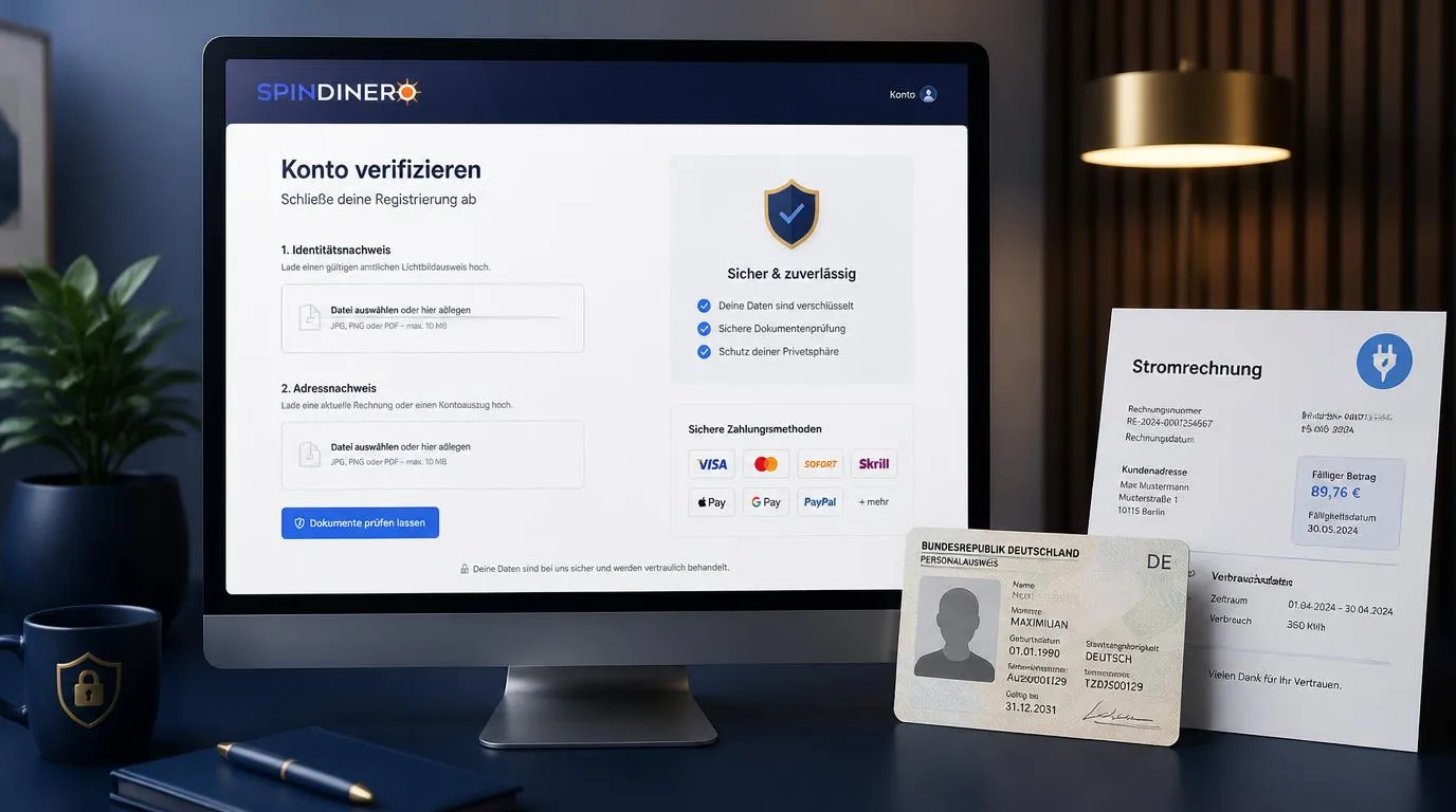 Ausweis und Adressnachweis neben einem sicheren Kontoformular zur KYC-Verifizierung