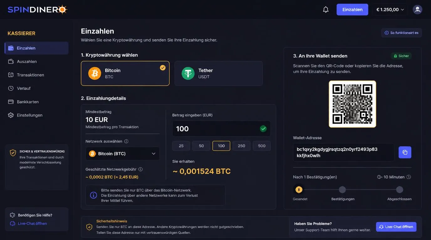 Krypto-Wallet mit Bitcoin- und USDT-Auswahl für eine Casino-Einzahlung