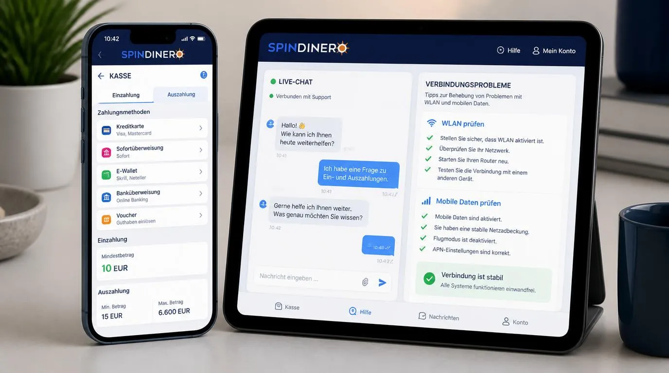 Smartphone mit Casino-Kasse, Live-Chat und Hinweis auf stabile mobile Verbindung