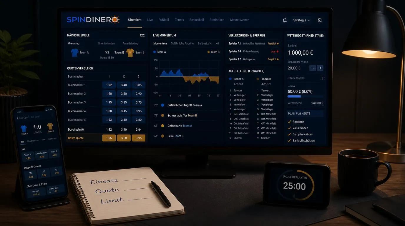 Sportwetten-Analyse mit Quotenvergleich, Spielstatistiken und festem Einsatzbudget auf einem Bildschirm