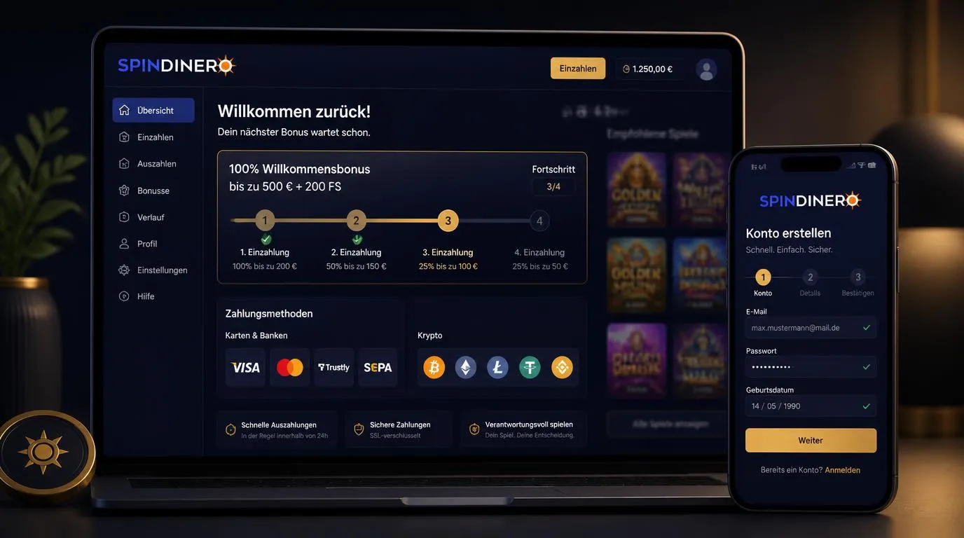 Casino-Konto mit Willkommensbonus, Kryptowährung und traditionellen Zahlungsoptionen auf klarer Oberfläche