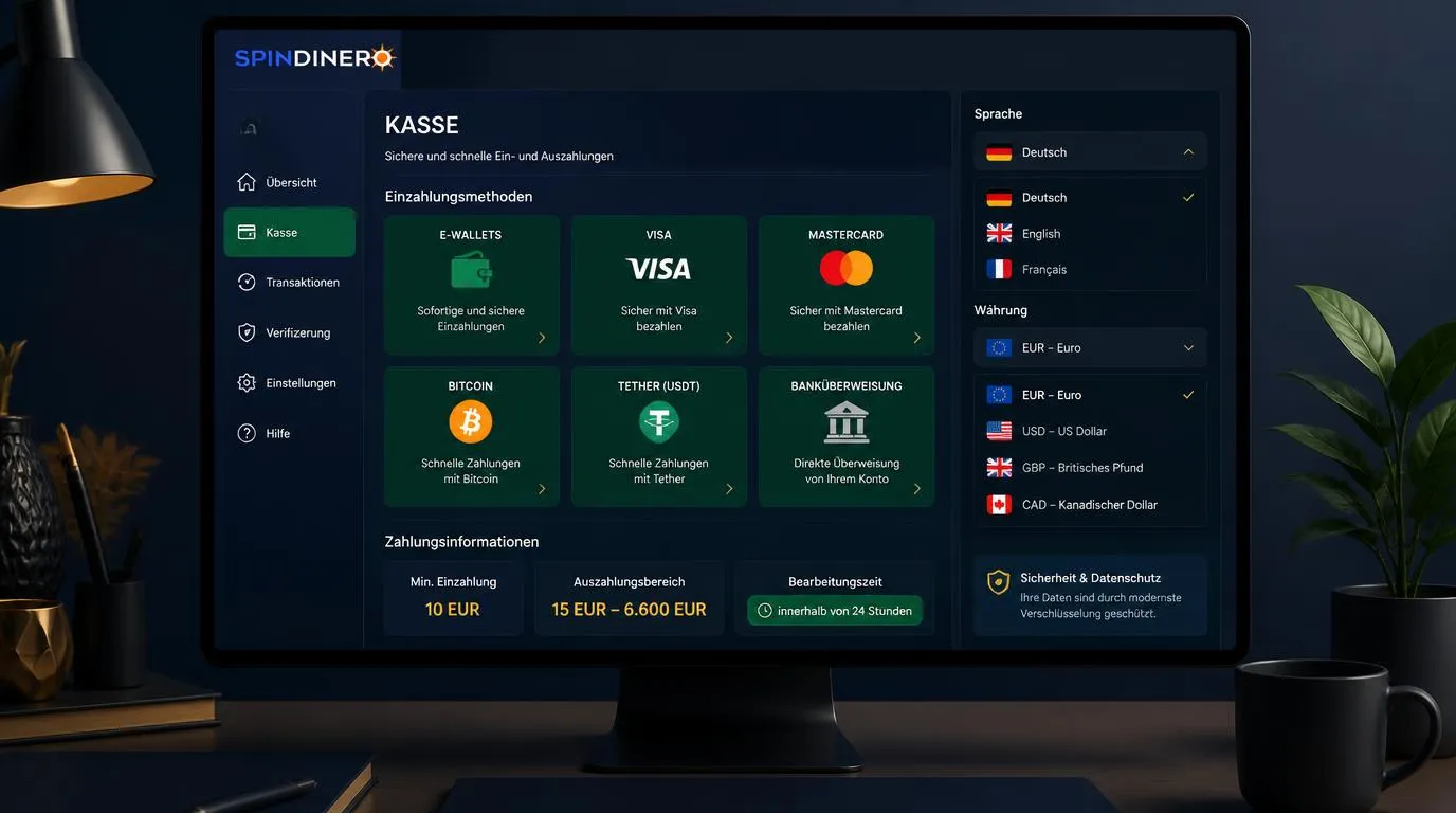 Casino-Kassenansicht mit Wallets, Karten, Kryptowährungen sowie Sprach- und Währungsauswahl